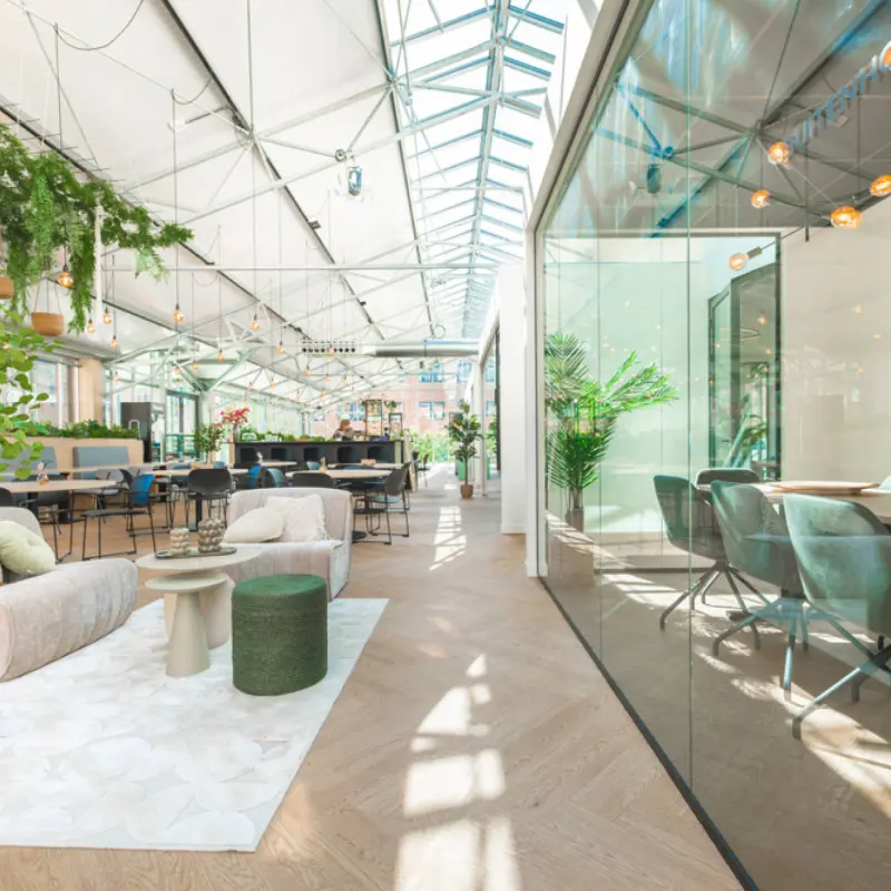 Gathering in the modern greenhouse of Campus Offices